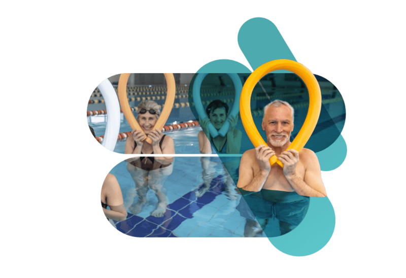 Gruppe älterer Personen macht Gymnastikübungen im Wasser